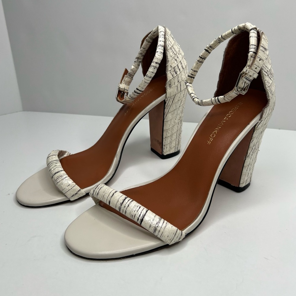 Rebecca Minkoff Mali Snake-Embossed Leather Heels Sandals Cream Size 10